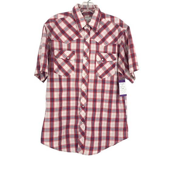 Wrangler M Wrancher Shirt Red Blue Plaid Pearl Snap Button Short Sleeve Collared - Picture 1 of 13